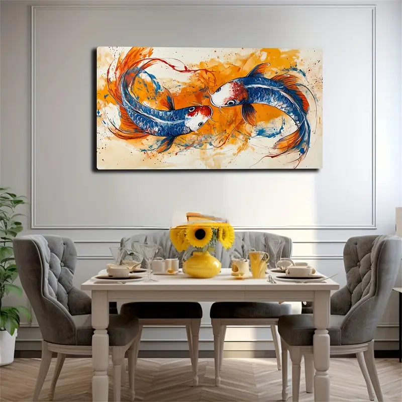 Two Koi Fish Orange Blue Hues Wall Art Canvas Office Home Room Framed 80x45cm