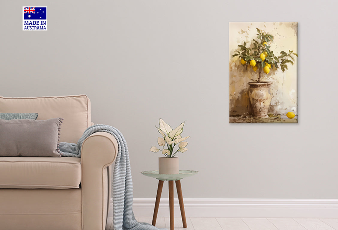 Painting Of a Lemon Tree in a Pot Print 100% Australian Made 40x60cm Stretched Canvas Ready to Hang