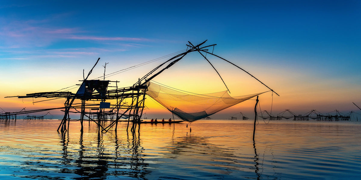 Sunrise Fishing Dip Nets Pakpra Thailand Wall Art Canvas Office Home Room Framed 80x45cm