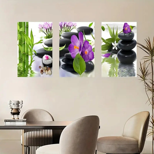 3pcs Spa Stone Orchid Zen-Style Natural Metal Print Ready to Hang Art