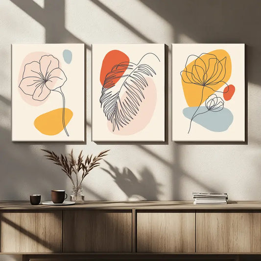 3pcs Artistic Line Flower and Line Leaves Metal Print Ready to Hang Art