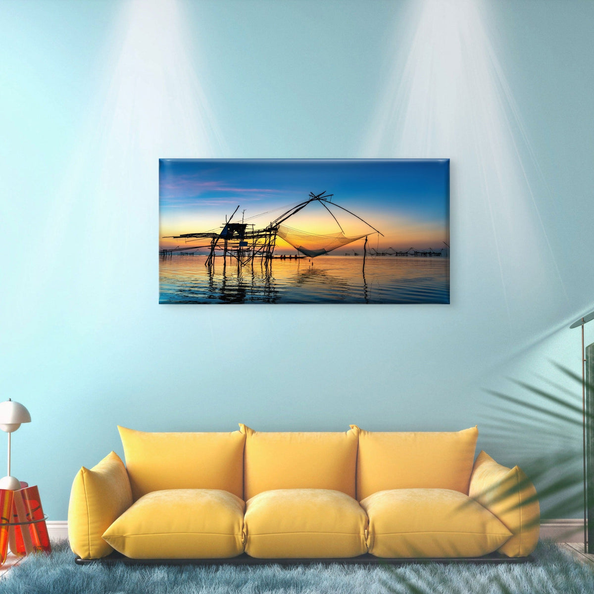 Sunrise Fishing Dip Nets Pakpra Thailand Wall Art Canvas Office Home Room Framed 80x45cm