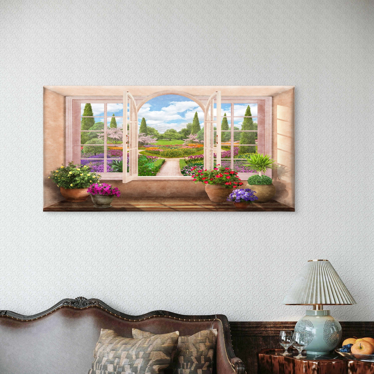 Greece Open Window Garden Wall Art Canvas Office Home Room Framed 120x60cm