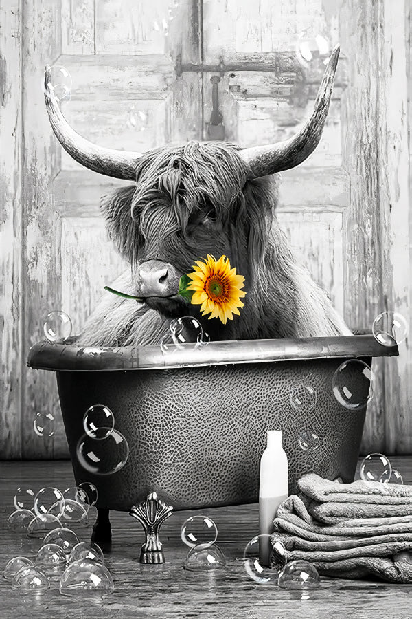 Cow Sitting in Bathtub with Soap Bubbles Print 100% Australian Made 40x60cm Stretched Canvas Ready to Hang