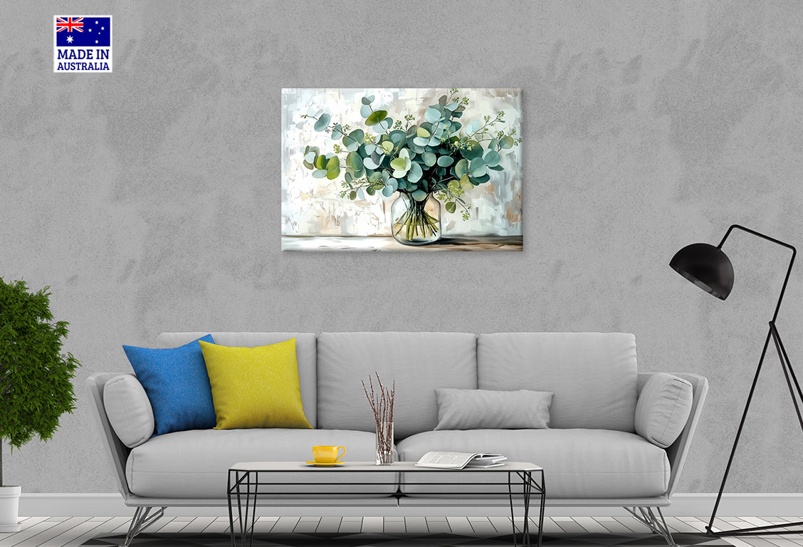 Eucalyptus Leaves in Clear Glass Vase Print 100% Australian Made 60x40cm Stretched Canvas Ready to Hang