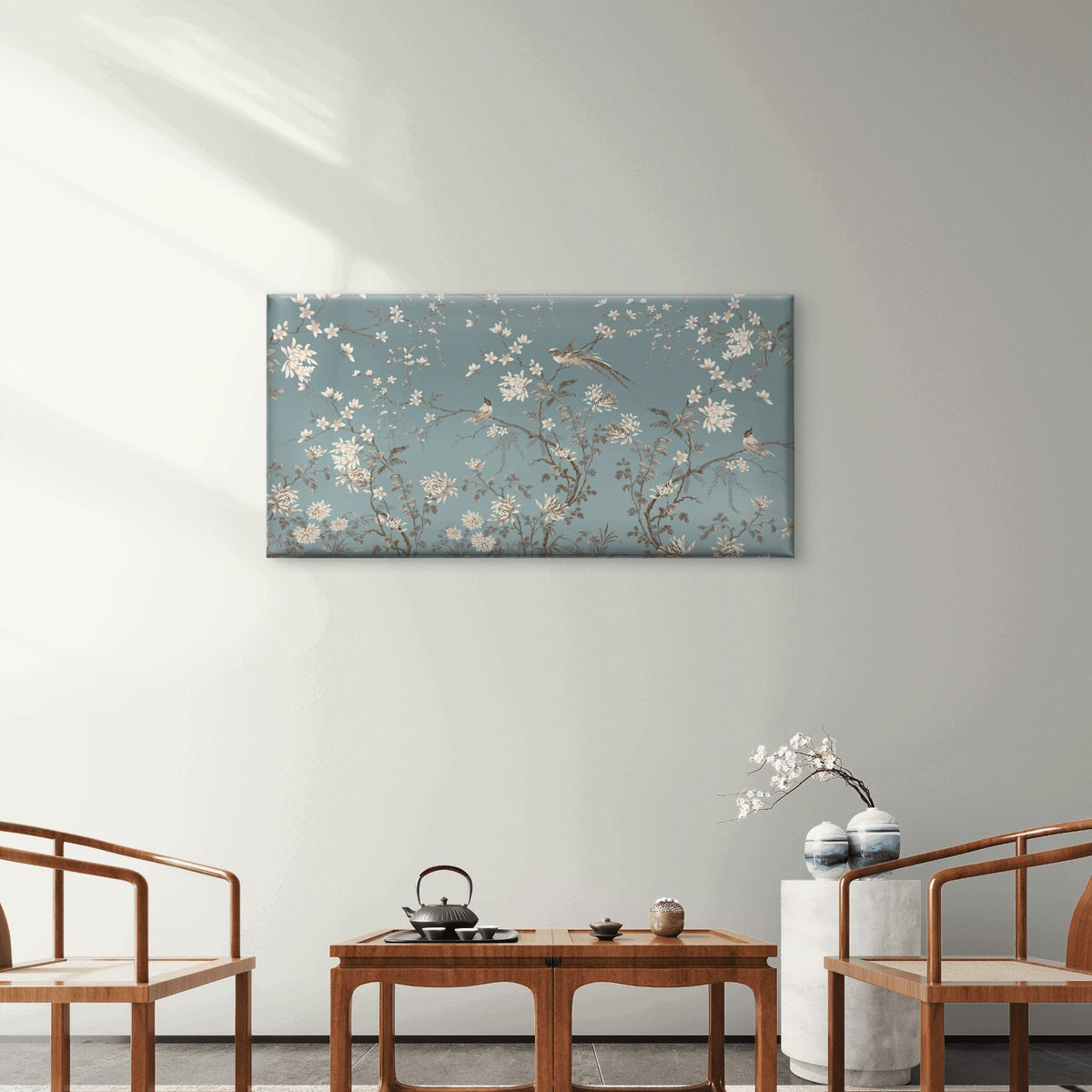 Blue Chinoiserie Bird Floral Wall Art Canvas Office Home Room Framed 80x45cm
