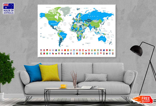 World Map Popular Flags Borders Print 100% Australian Made Stretched Canvas Ready to Hang - MP-112