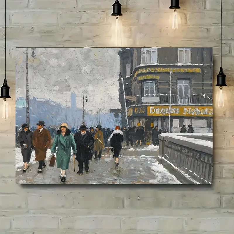 Paul Fischer Canvas Art - Vintage Winter Street Scene Print 100% Australian Made 60x40cm Stretched Canvas Ready to Hang