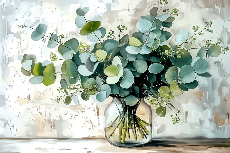 Eucalyptus Leaves in Clear Glass Vase Print 100% Australian Made 60x40cm Stretched Canvas Ready to Hang