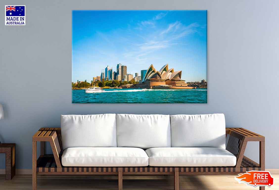 Opera House & city skyline of Sydney Print 100% Australian Made Stretched Canvas Ready to Hang - AU-112