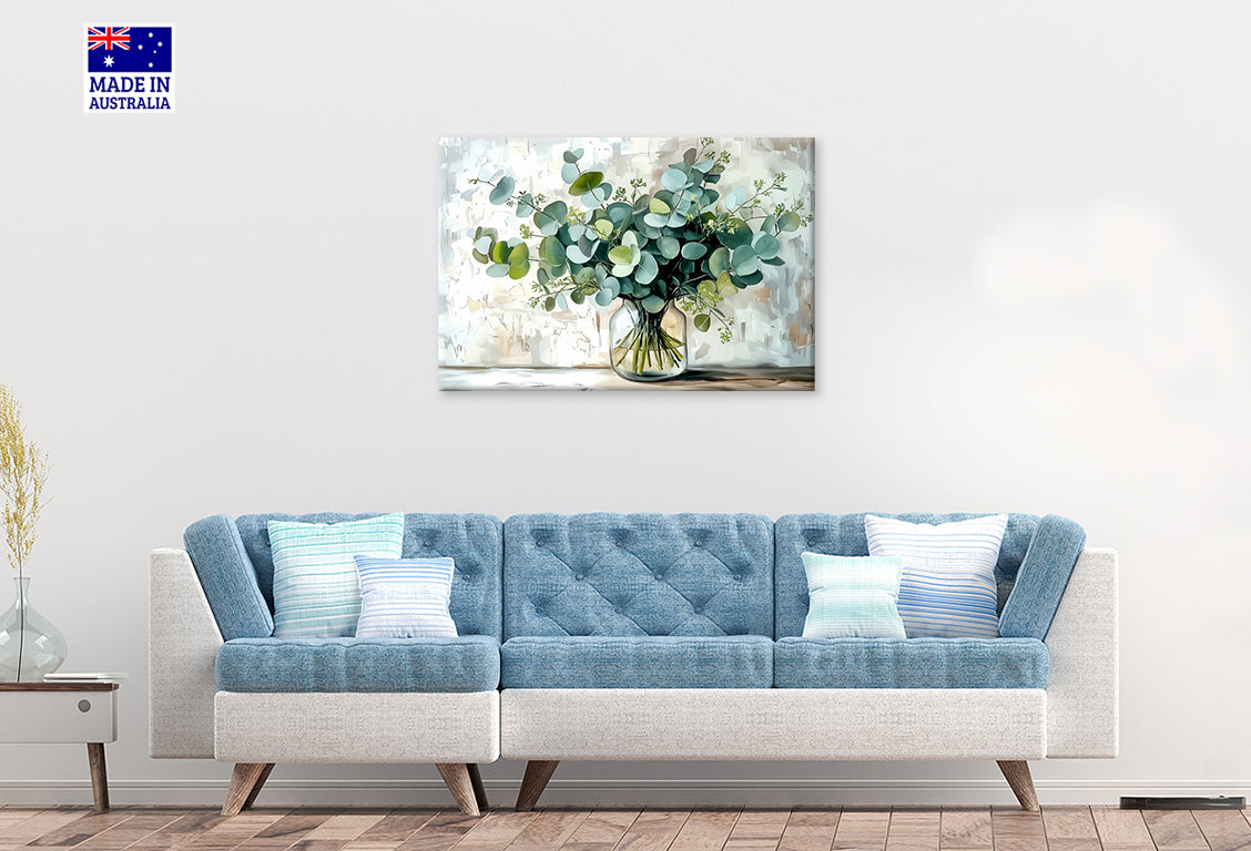 Eucalyptus Leaves in Clear Glass Vase Print 100% Australian Made 60x40cm Stretched Canvas Ready to Hang