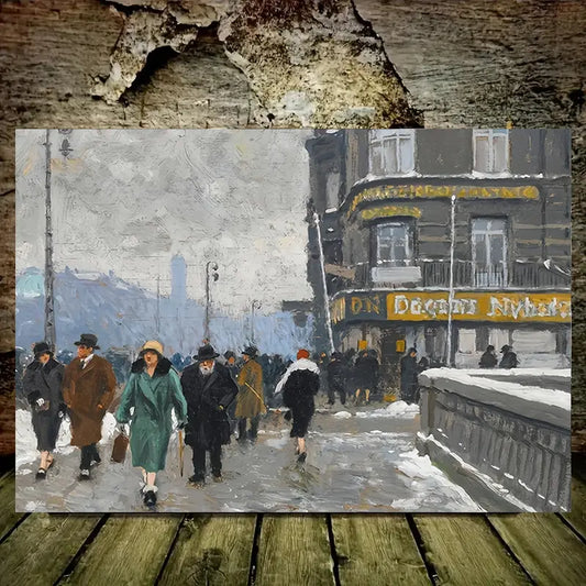 Paul Fischer Canvas Art - Vintage Winter Street Scene Print 100% Australian Made 60x40cm Stretched Canvas Ready to Hang