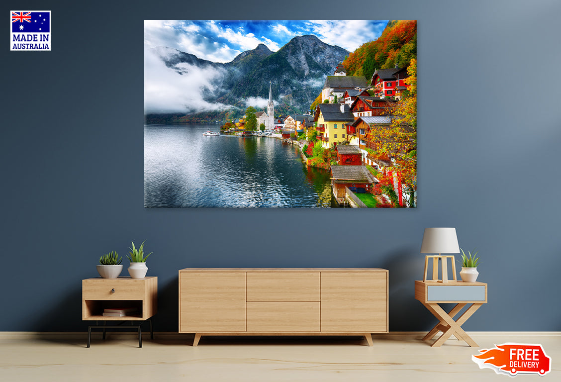 Village near River & Mountains Print 100% Australian Made Stretched Canvas Ready to Hang - NT-112