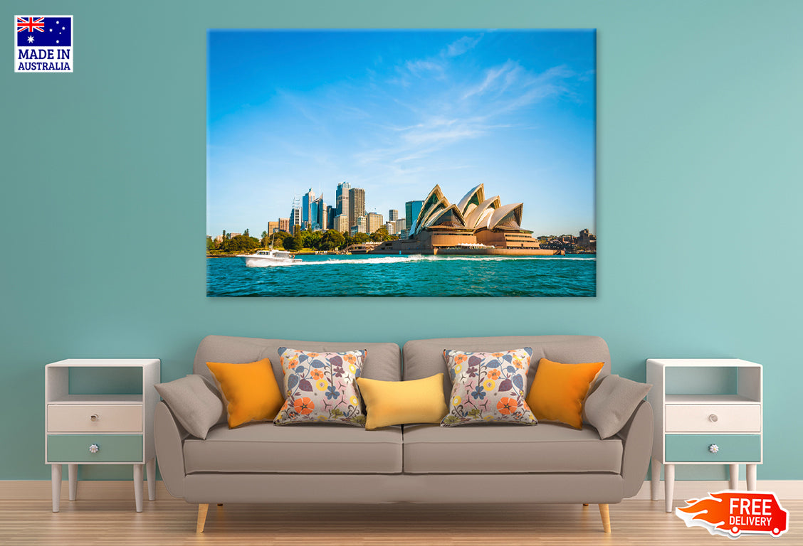 Opera House & city skyline of Sydney Print 100% Australian Made Stretched Canvas Ready to Hang - AU-112