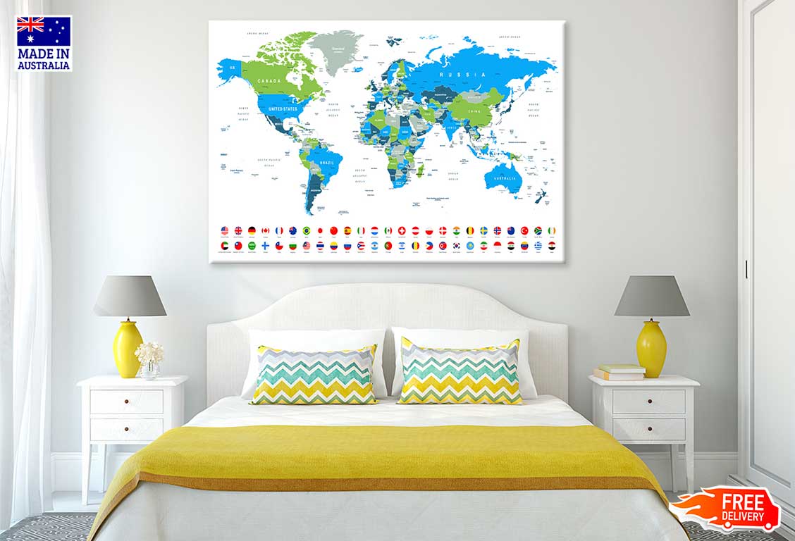 World Map Popular Flags Borders Print 100% Australian Made Stretched Canvas Ready to Hang - MP-112