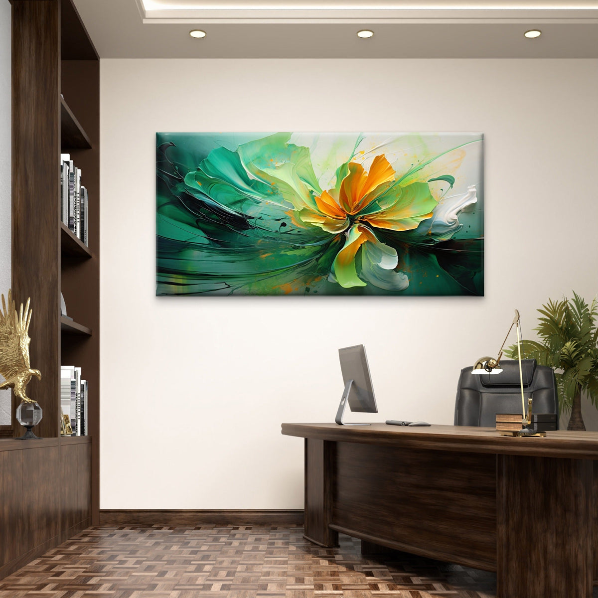 Abstract Green Gold Flower Wall Art Canvas Office Home Room Framed 120x60cm