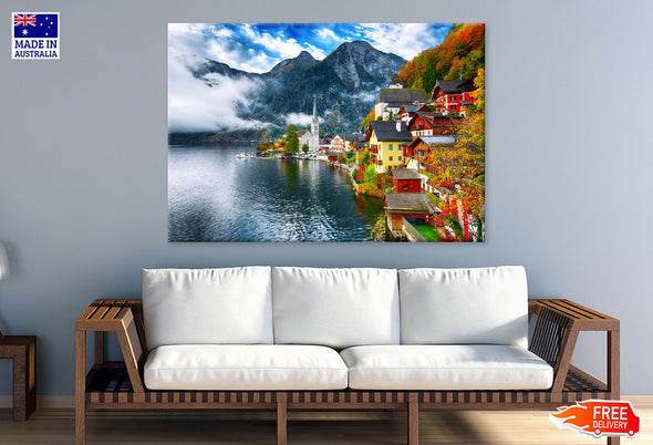 Village near River & Mountains Print 100% Australian Made Stretched Canvas Ready to Hang - NT-112