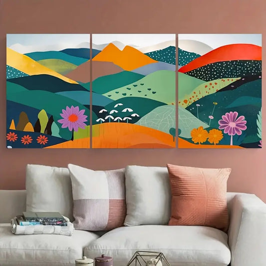 3pcs Colorful Papercut Hills Daisies Metal Print Ready to Hang Art