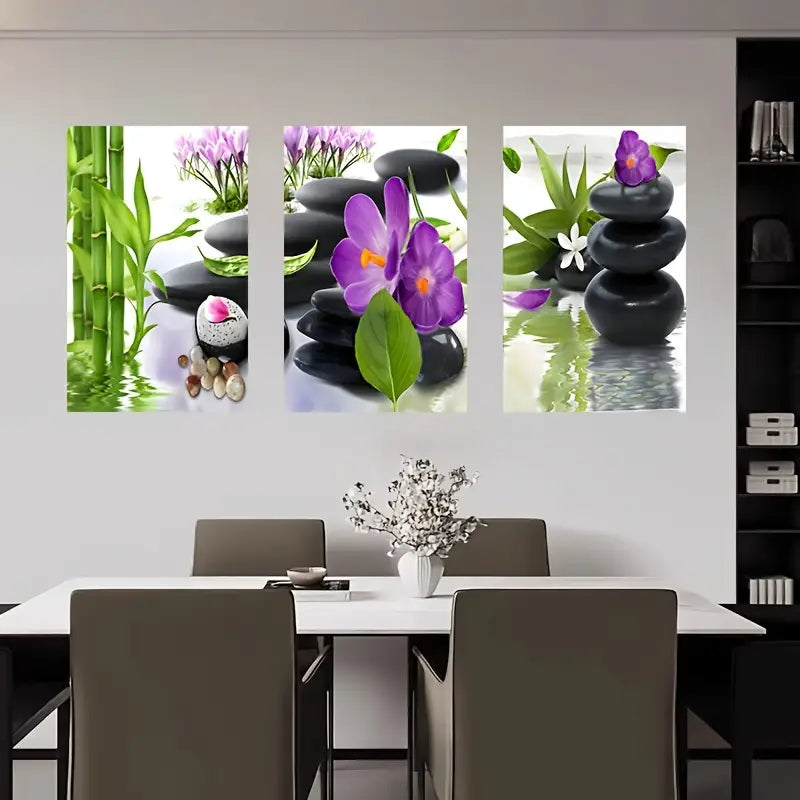 3pcs Spa Stone Orchid Zen-Style Natural Metal Print Ready to Hang Art