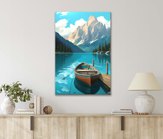 Beauty Of Peaceful Wooden Boat & Pier on Serene Blue Lake Print 100% Australian Made 40x60cm Stretched Canvas Ready to Hang