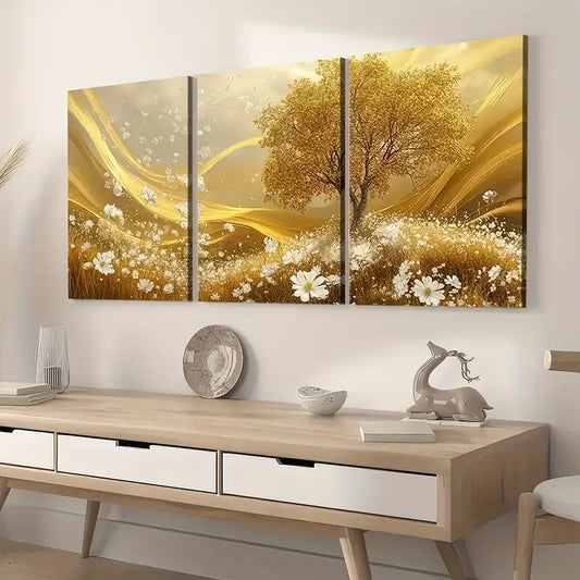 3pcs Golden Grassland Light Luxury Art Calm Wall Art Set Canvas Framed 40x60cm - High Quality Print 100% Australian Made Wall Canvas Ready to Hang