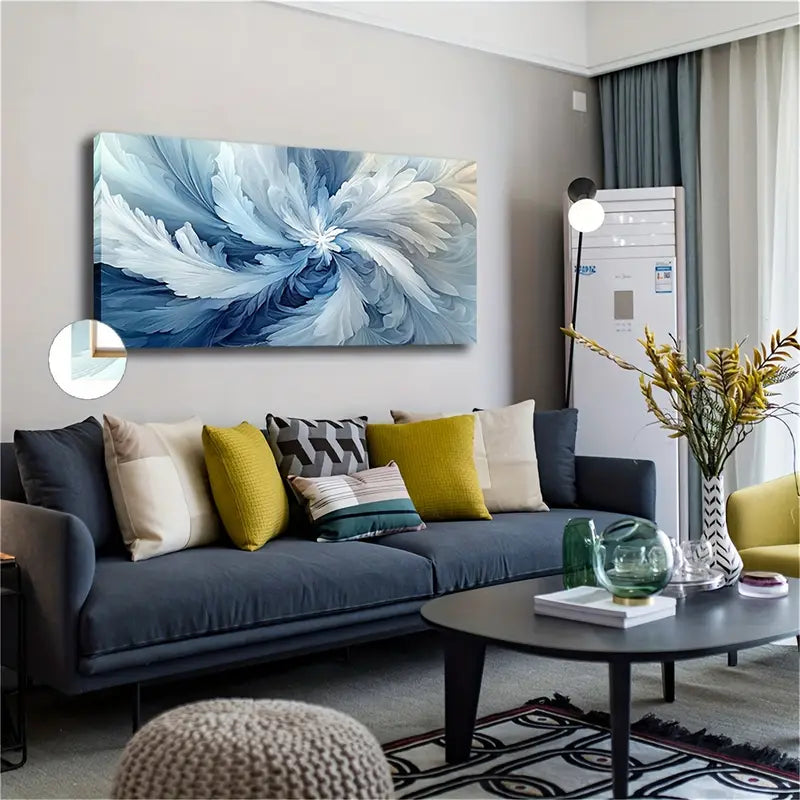 Soft Blue & White Abstract Floral Wall Art Canvas Office Home Room Framed 120x60cm