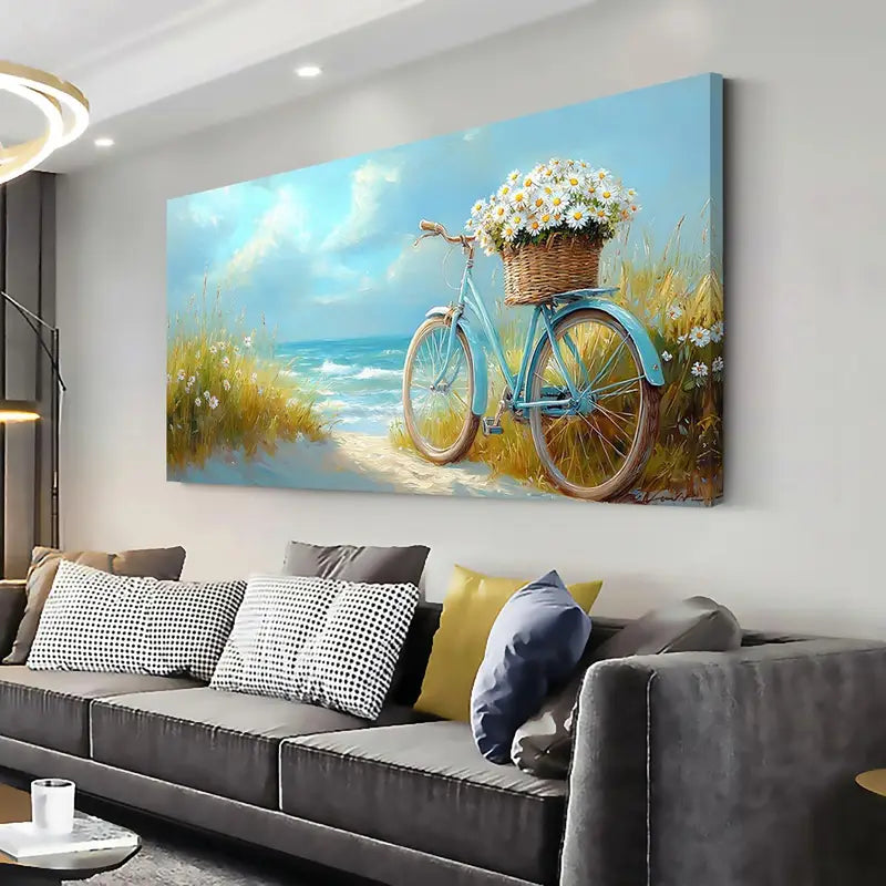Blue Bicycle Flowers Basket Beach Wall Art canvas office home room framed 120x60cm