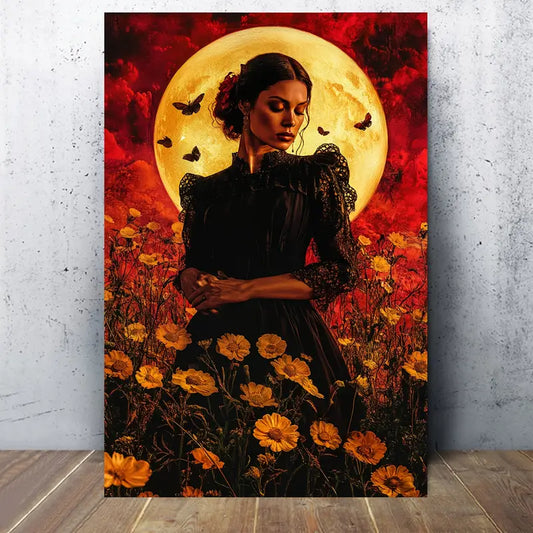 Woman & Flower Field Full Moon  Print 100% Australian Made 40x60cm Stretched Canvas Ready to Hang