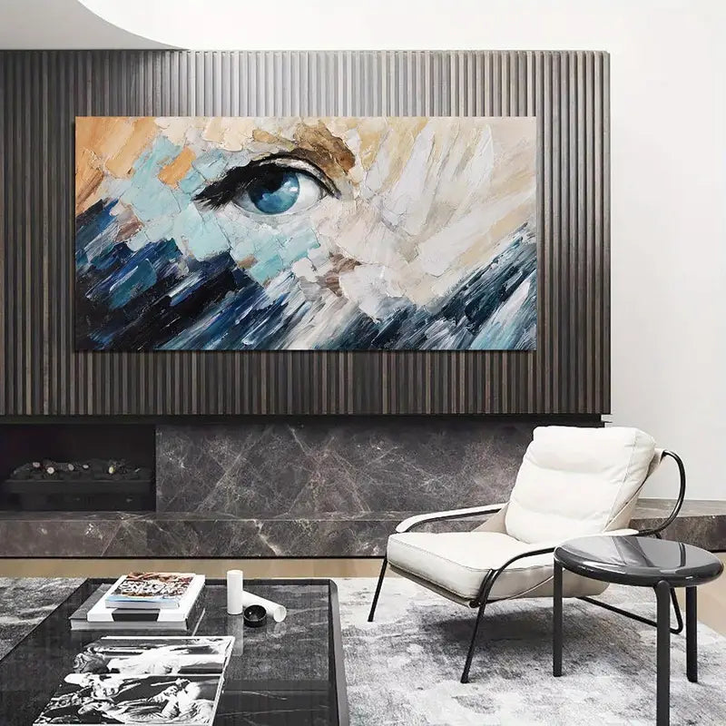 Modern Abstract Blue & White Eye Motif Wall Art canvas office home room framed 120x60cm