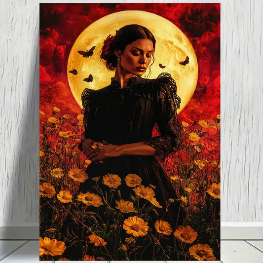 Woman & Flower Field Full Moon Print 100% Australian Made 40x60cm Stretched Canvas Ready to Hang