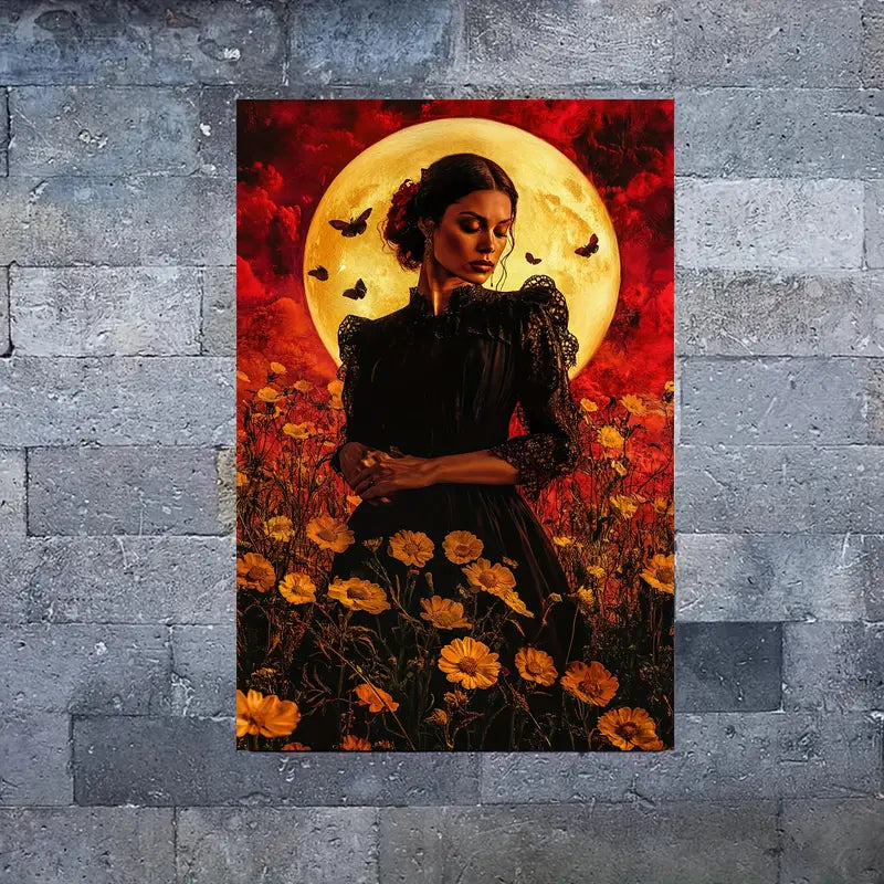 Woman & Flower Field Full Moon  Print 100% Australian Made 40x60cm Stretched Canvas Ready to Hang