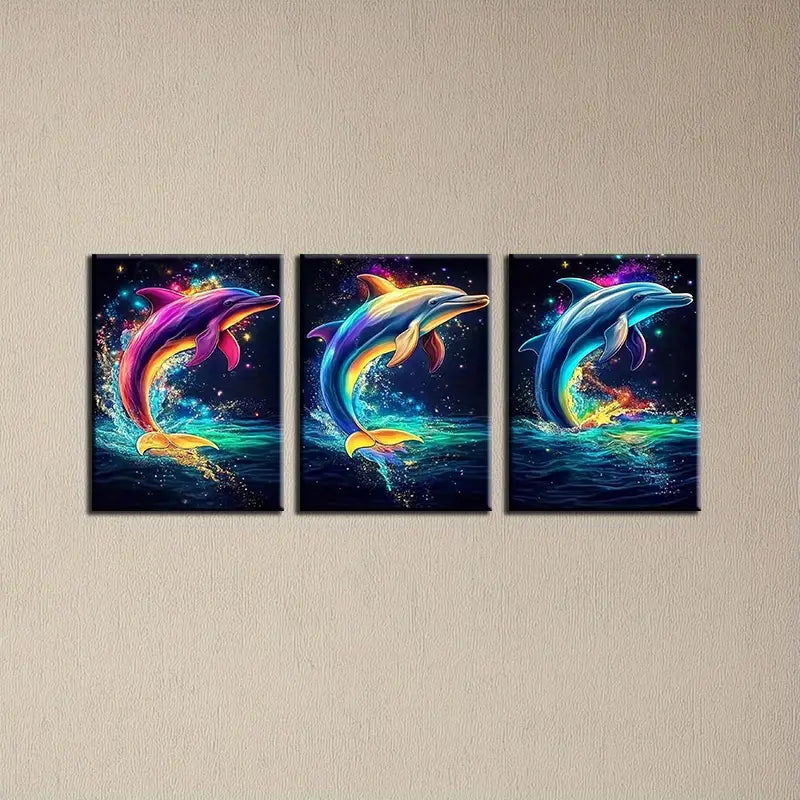 3pcs Vibrant Dolphin Colorful Classic Design Metal Print Ready to Hang Art