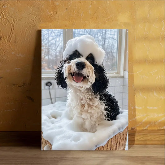 Charming Bernedoodle Bath Time Canvas Art Print 100% Australian Made 40x60cm Stretched Canvas Ready to Hang