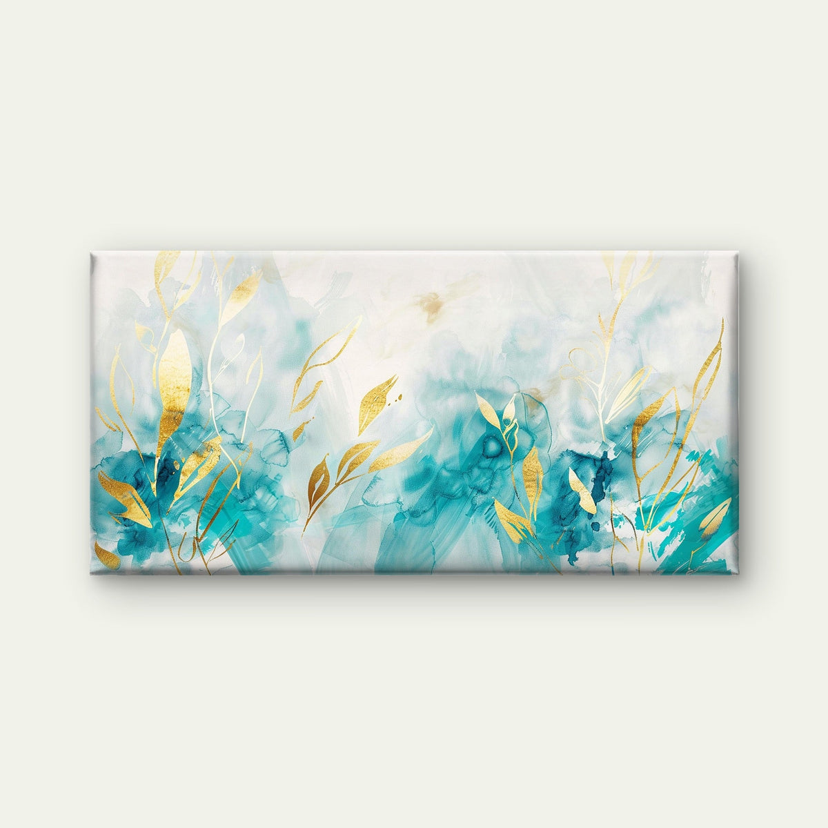 Teal Currents Gilded Leaves Wall Art Canvas Office Home Room Framed 120x60cm