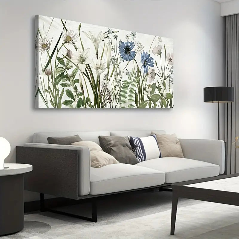Botanical Wildflower Green Blue Wall Art canvas office home room framed 120x60cm