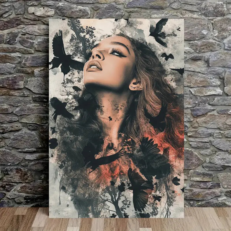 Girl Face & Abstract Birds Print 100% Australian Made 40x60cm Stretched Canvas Ready to Hang