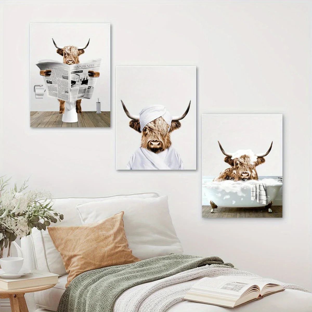 3pcs Scottish Highland Cow Funny Bathroom Metal Print Ready to Hang Art