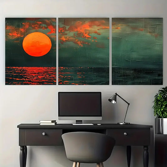 3pcs Dark Green & Orange Tones Sunset Metal Print Ready to Hang Art