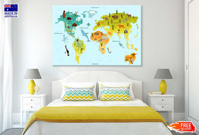 Funny Cartoon Animal World Map Print 100% Australian Made Stretched Canvas Ready to Hang - MP-113