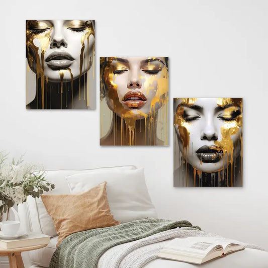 3pcs Abstract Woman Golden Face Design Metal Print Ready to Hang Art