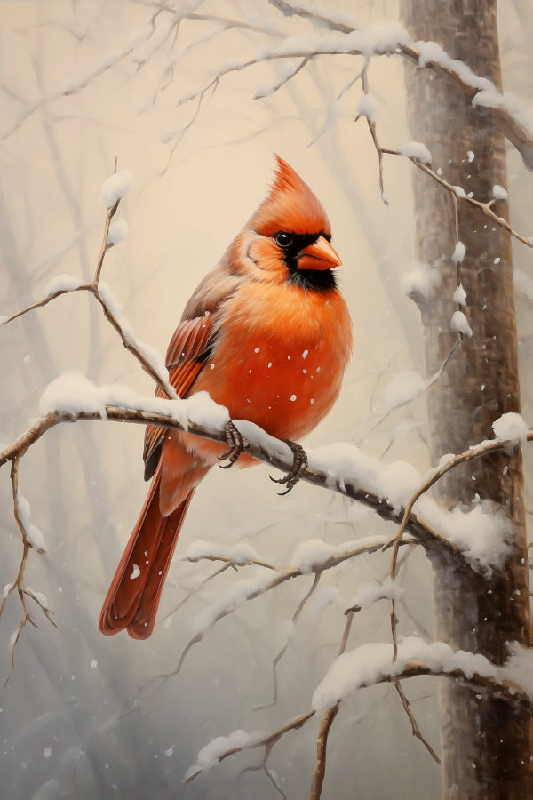 Red Bird on a Branch in The Snow Print 100% Australian Made 40x60cm Stretched Canvas Ready to Hang