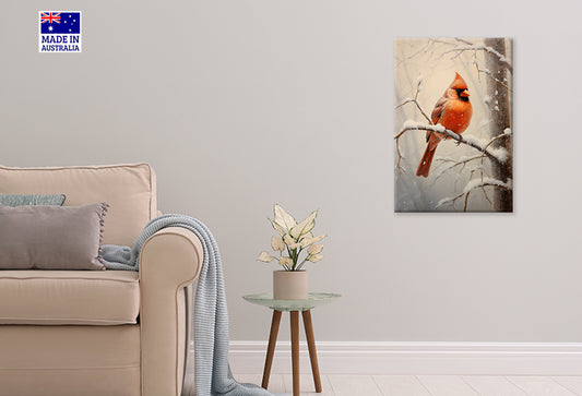 Red Bird on a Branch in The Snow Print 100% Australian Made 40x60cm Stretched Canvas Ready to Hang