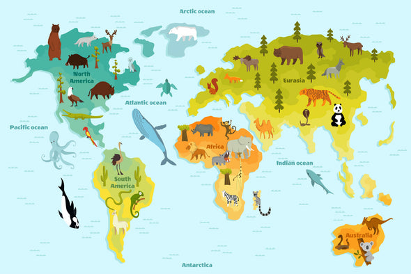 Funny Cartoon Animal World Map Print 100% Australian Made Stretched Canvas Ready to Hang - MP-113