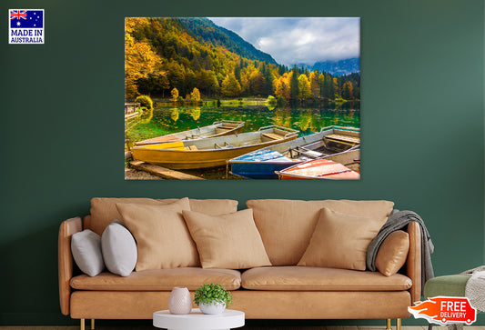 Boats on Lake & Autumn Forest Print 100% Australian Made Stretched Canvas Ready to Hang - NT-113