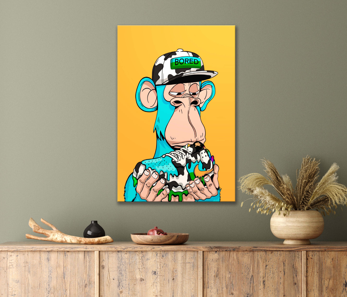 Funky Cartoon Monkey Eating a Doughnut with A Cool Cap Print 100% Australian Made 40x60cm Stretched Canvas Ready to Hang