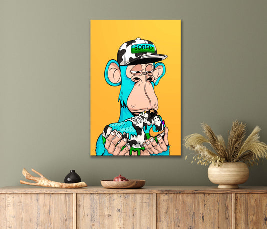 Funky Cartoon Monkey Eating a Doughnut with A Cool Cap Print 100% Australian Made 40x60cm Stretched Canvas Ready to Hang