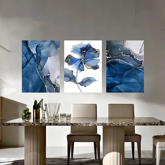 3pcs Abstract Blue Flower & Waterfall Metal Print Ready to Hang Art
