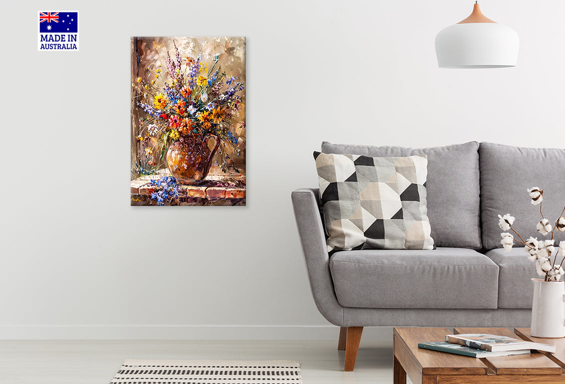 Painting Of a Vase of Flowers On Ledge Print 100% Australian Made 40x60cm Stretched Canvas Ready to Hang