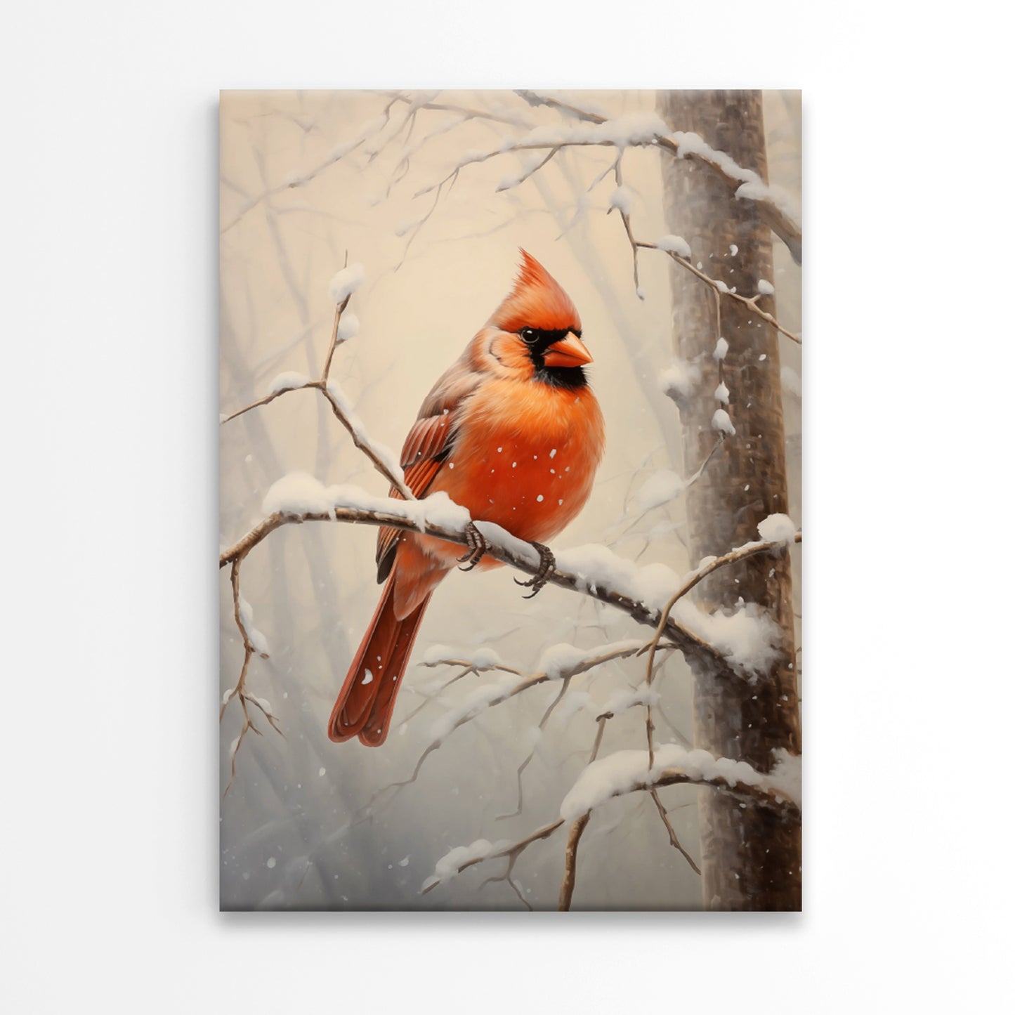 Red Bird on a Branch in The Snow Print 100% Australian Made 40x60cm Stretched Canvas Ready to Hang