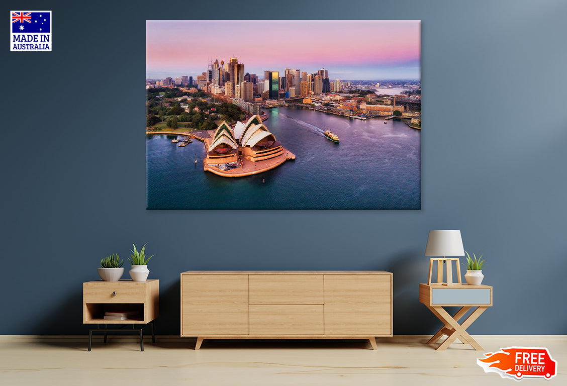 Pinkish colorful sunrise over Sydney city Print 100% Australian Made Stretched Canvas Ready to Hang - AU-113